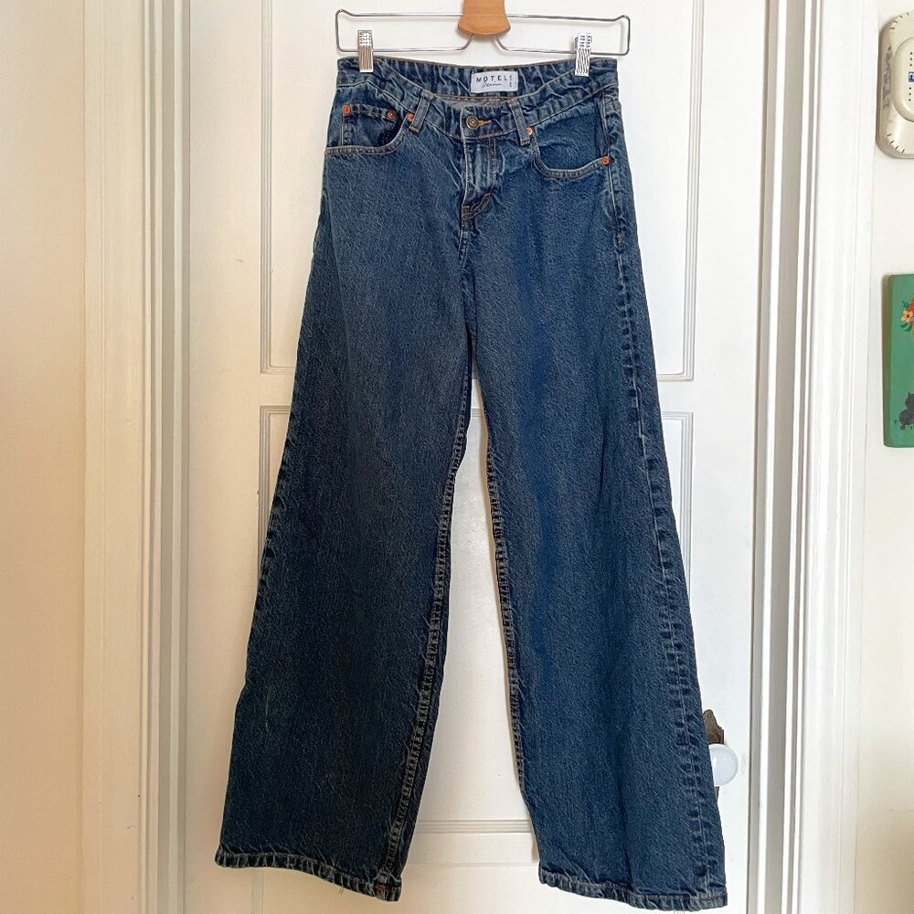 Motel Rocks Dark Blue Wide Leg Flare Jeans